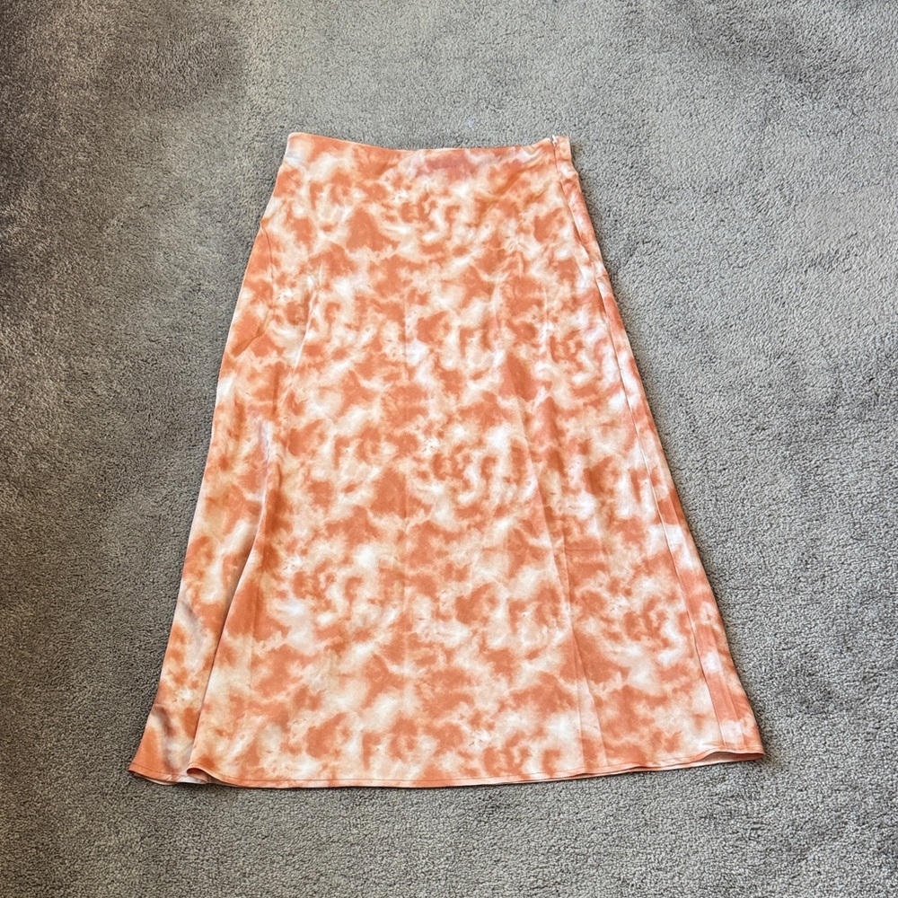 Forever 21 Peach Pink White Tie Dye Satin A-Line Midi Skirt SIZE L